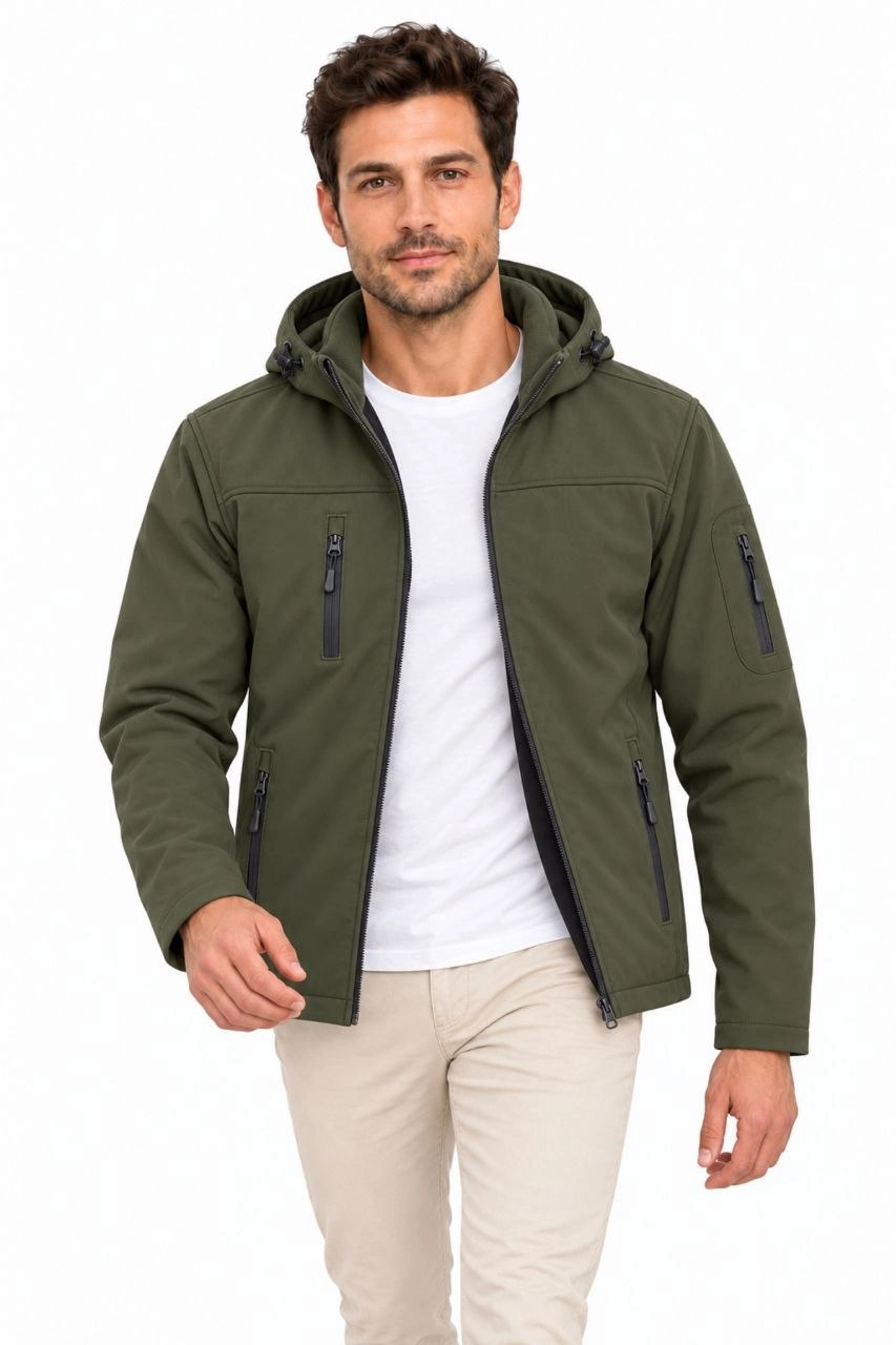 Erkek Su Geçirmez Softshell İçi Polar Astarlı Çıkarılabilir Kapüşonlu 4 Cepli Mont Ceket - Haki
