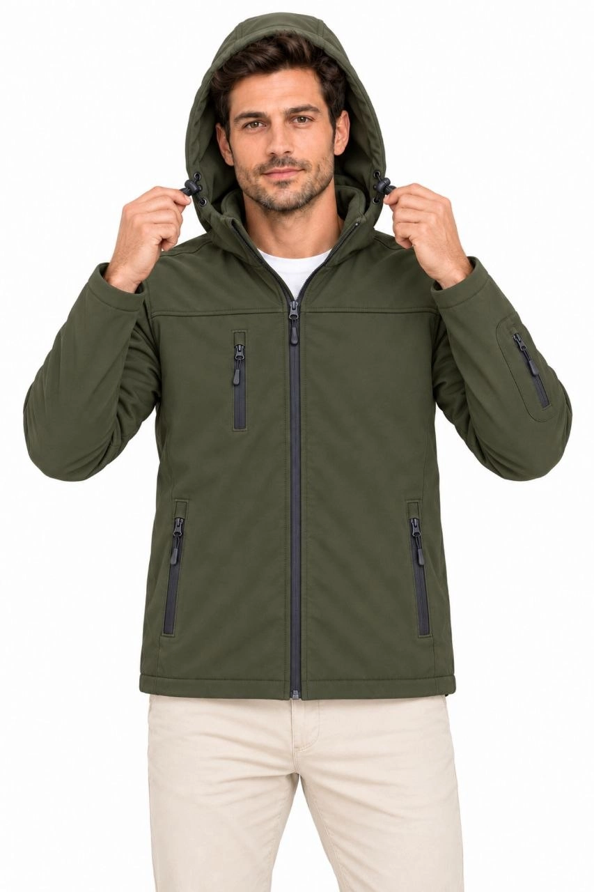 Erkek Su Geçirmez Softshell İçi Polar Astarlı Çıkarılabilir Kapüşonlu 4 Cepli Mont Ceket - Haki