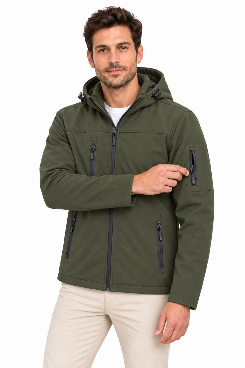 Erkek Su Geçirmez Softshell İçi Polar Astarlı Çıkarılabilir Kapüşonlu 4 Cepli Mont Ceket - Haki