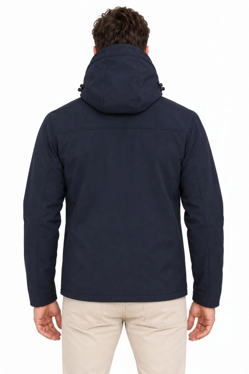 Erkek Su Geçirmez Softshell İçi Polar Astarlı Çıkarılabilir Kapüşonlu 4 Cepli Mont Ceket - Lacivert