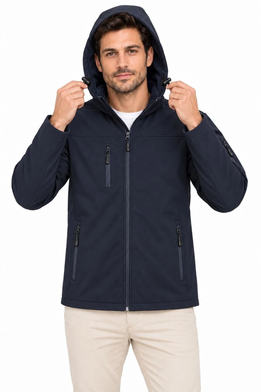 Erkek Su Geçirmez Softshell İçi Polar Astarlı Çıkarılabilir Kapüşonlu 4 Cepli Mont Ceket - Lacivert