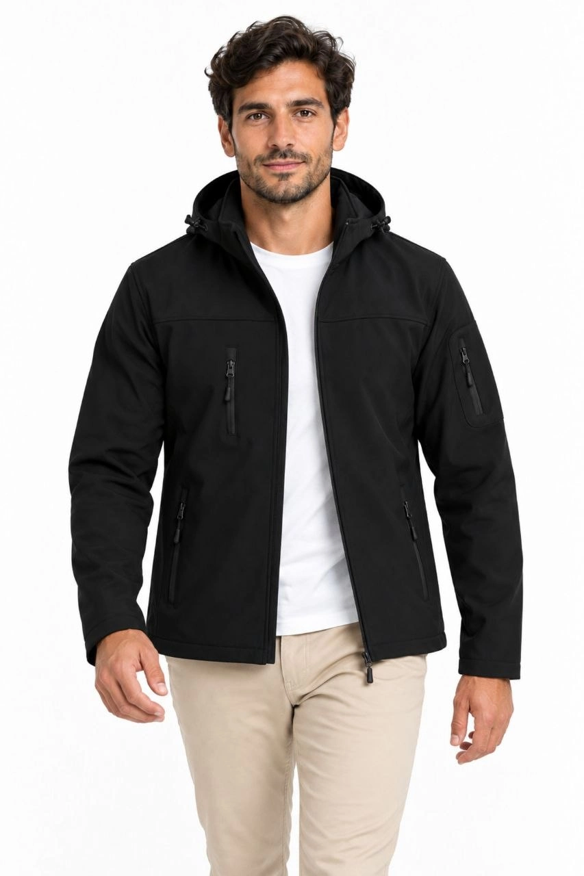 Erkek Su Geçirmez Softshell İçi Polar Astarlı Çıkarılabilir Kapüşonlu 4 Cepli Mont Ceket - Siyah