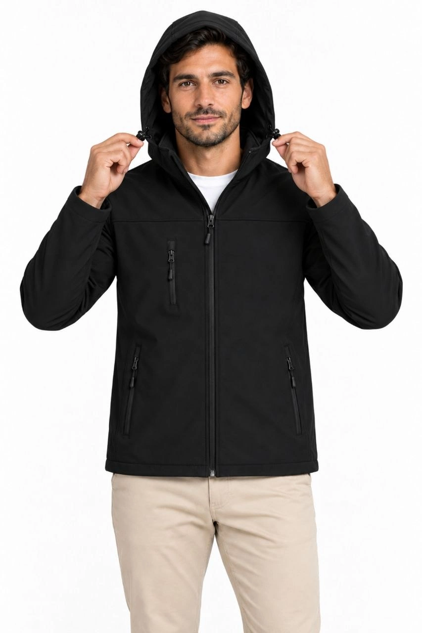 Erkek Su Geçirmez Softshell İçi Polar Astarlı Çıkarılabilir Kapüşonlu 4 Cepli Mont Ceket - Siyah