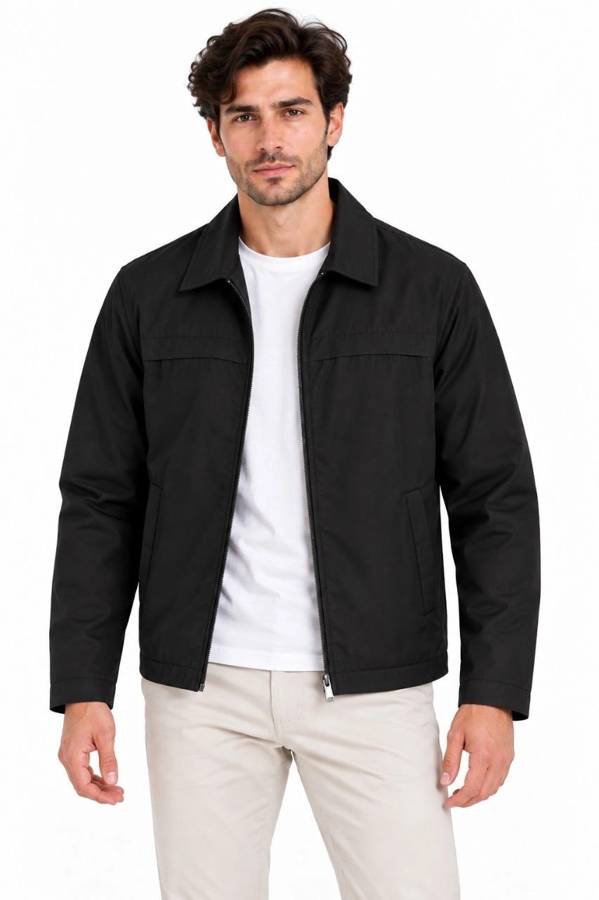 Erkek Su İtici Rüzgar Keser Astarlı Tam Fermuarlı 4 Mevsim Regular Fit Mont Ceket - Siyah