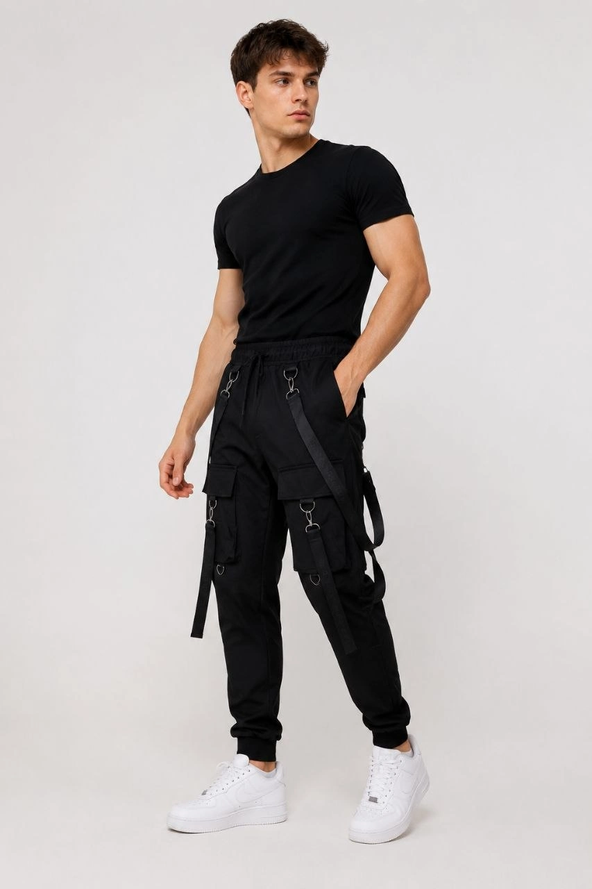 Erkek Techwear Şerit Aksesuarlı Ön Kapak Cep Detaylı Jogger Eşofman Altı - Siyah