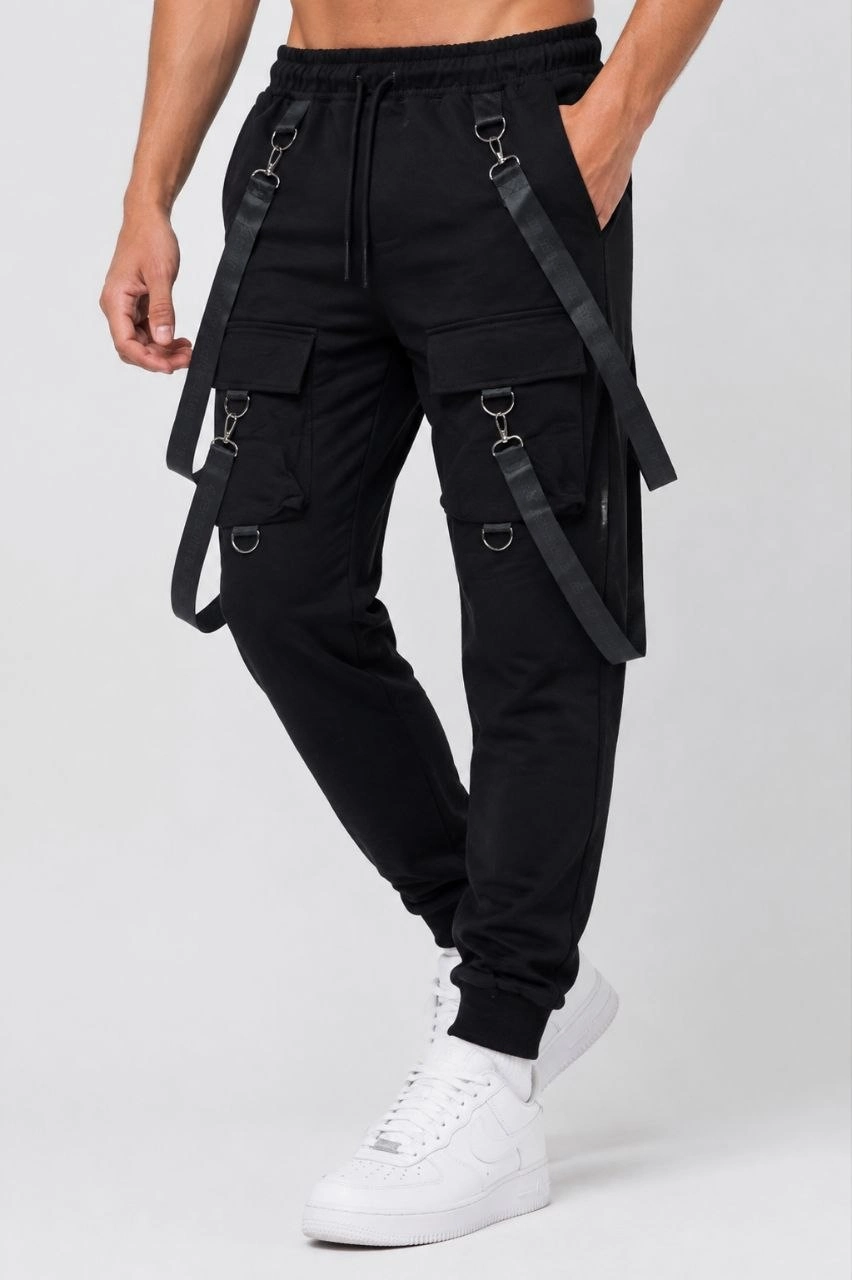 Erkek Techwear Şerit Aksesuarlı Ön Kapak Cep Detaylı Jogger Eşofman Altı - Siyah