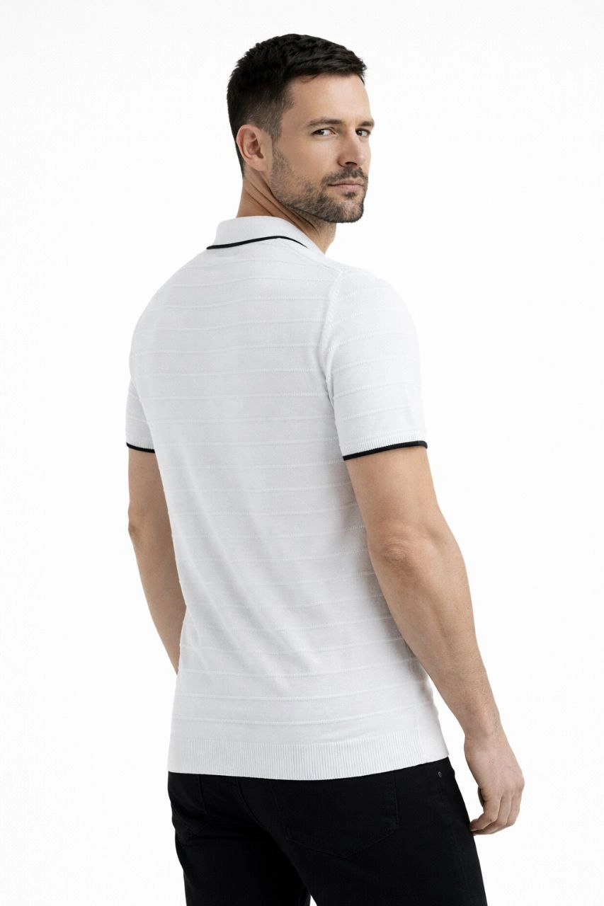 Erkek Triko Yakalı Düğmesiz Açık Yaka Fitilli Kısa Kollu Regular Fit Tişört - Beyaz