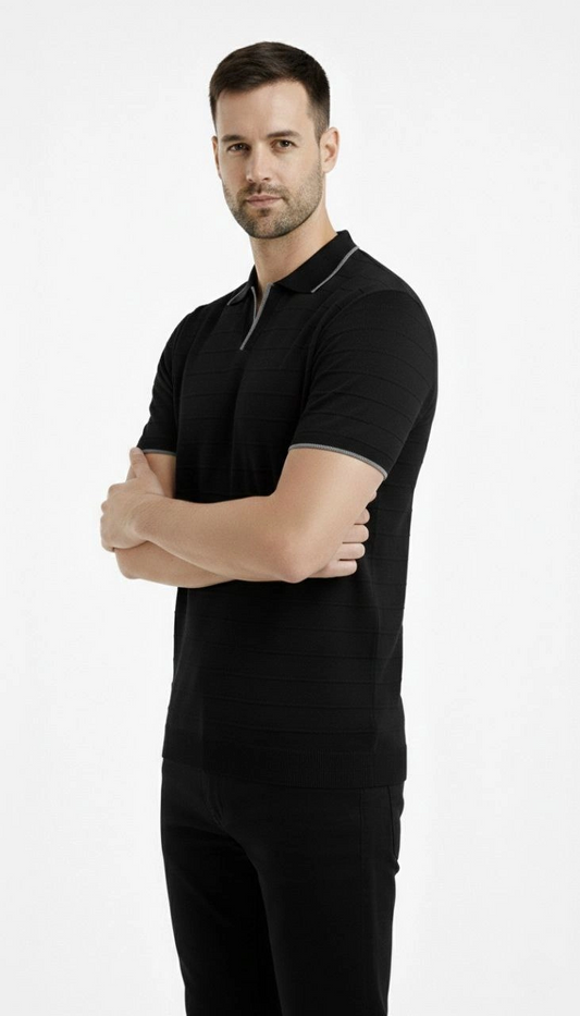Erkek Triko Kumaş Yakalı Düğmesiz Açık Yaka Fitilli Kısa Kollu Regular Fit Tişört T-shirt - Siyah