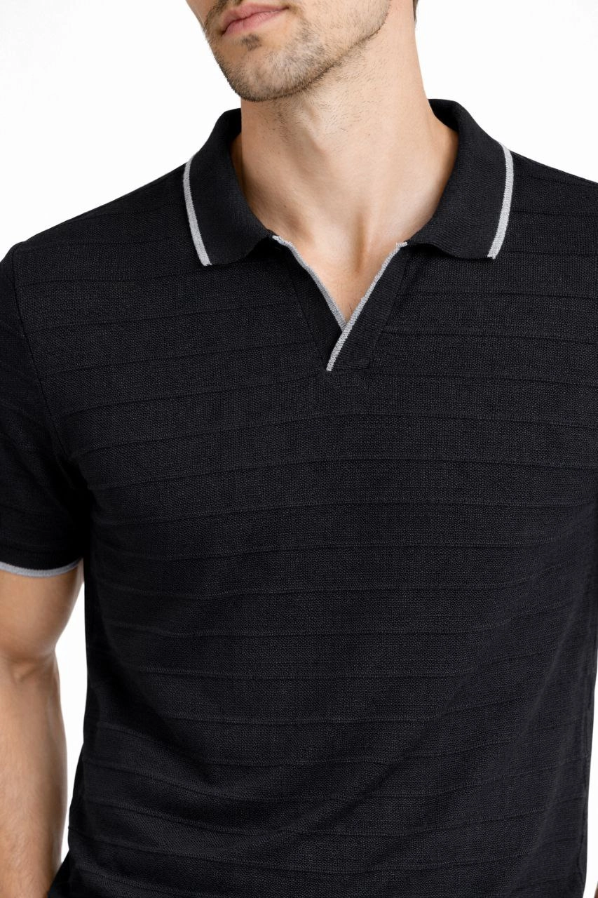 Erkek Triko Kumaş Yakalı Düğmesiz Açık Yaka Fitilli Kısa Kollu Regular Fit Tişört T-shirt - Siyah