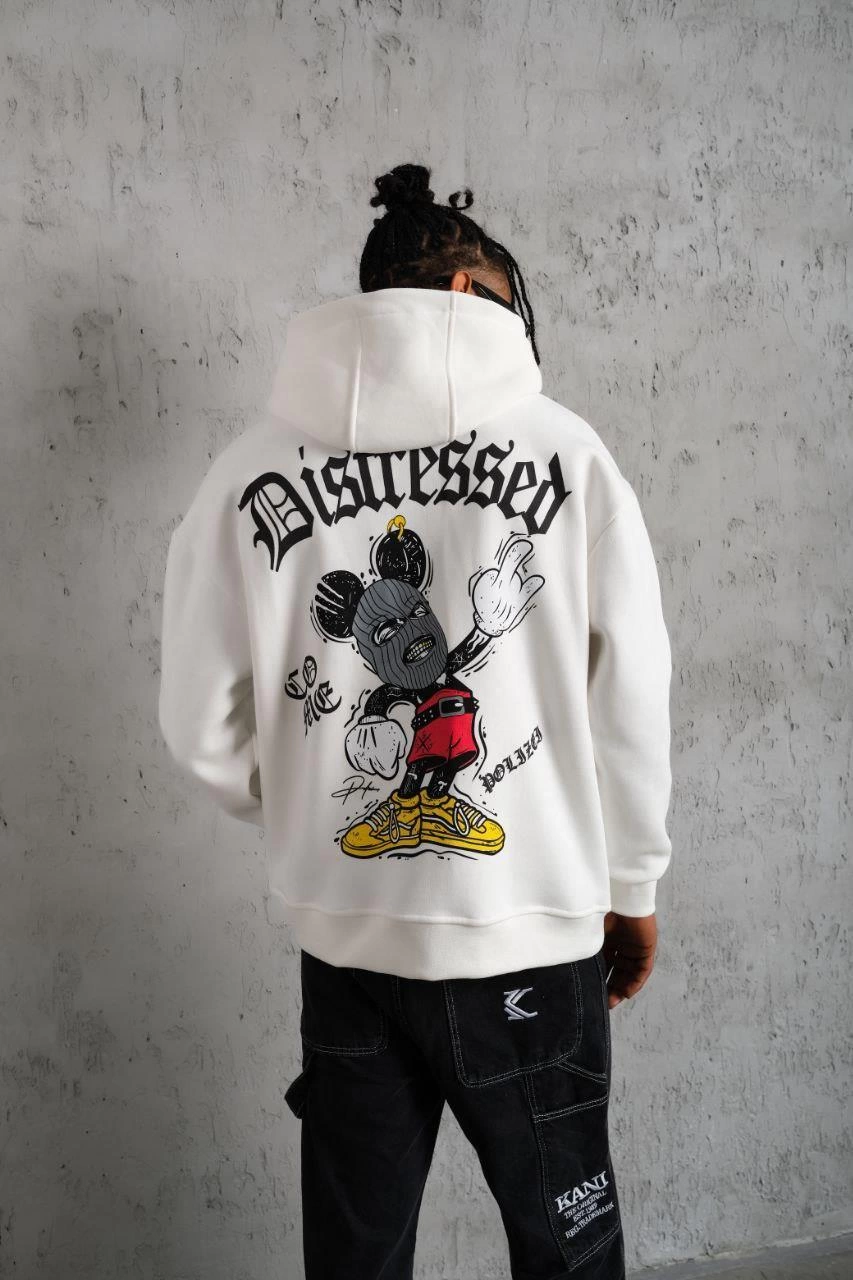 Erkek 3 İplik Pamuklu Kapüşonlu Baskılı Cepli Oversize Sweatshirt Hoodie - Beyaz