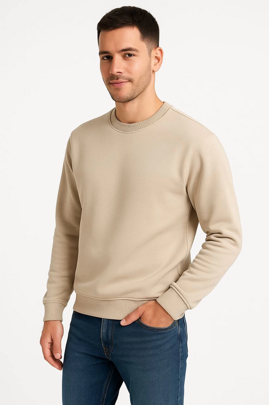 Erkek Üç İplik Pamuklu Düz Bisiklet Yaka SweatShirt - Bej