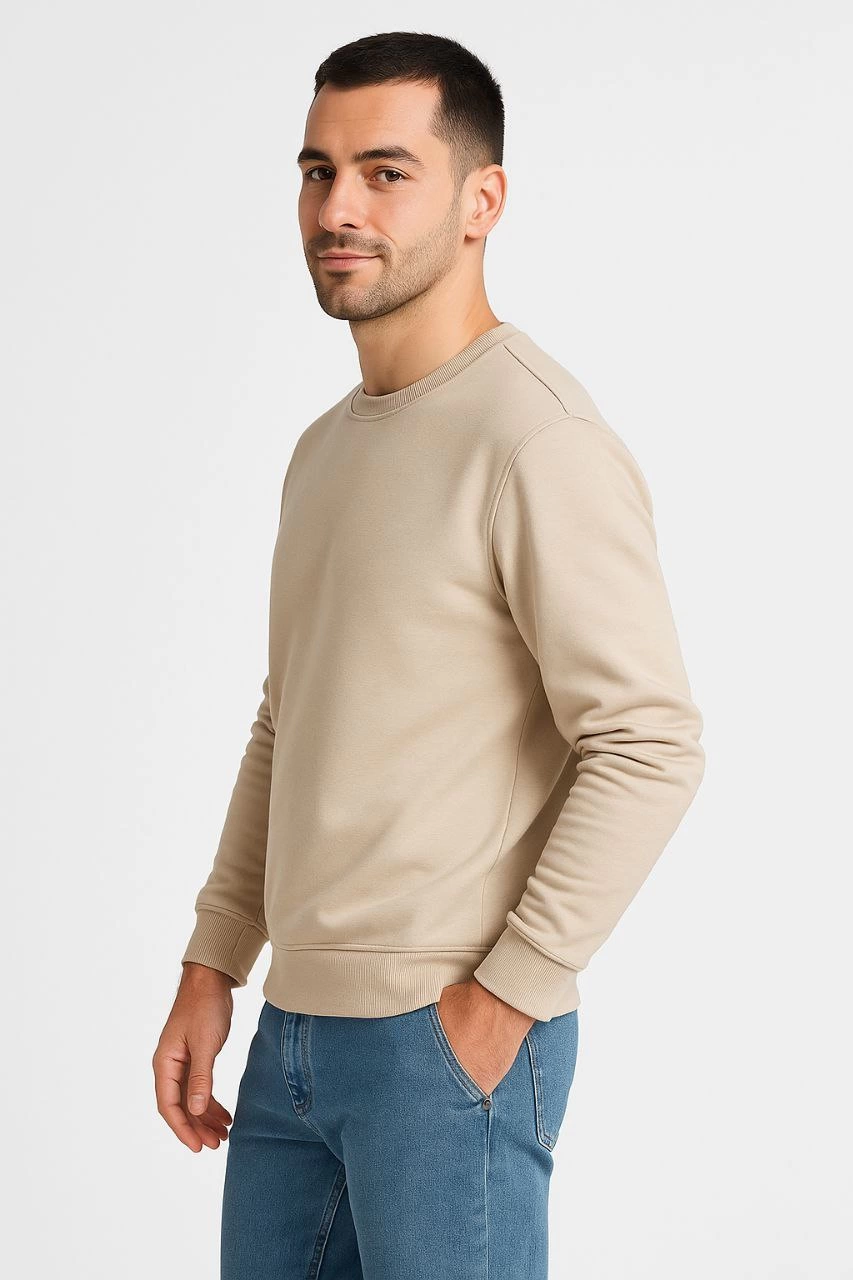 Erkek Üç İplik Pamuklu Düz Bisiklet Yaka SweatShirt - Bej