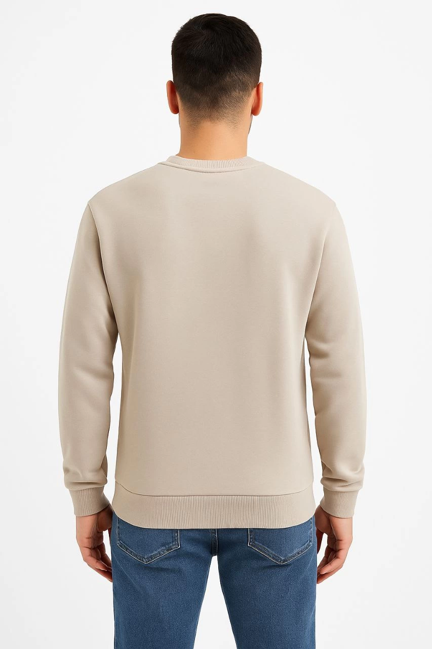 Erkek Üç İplik Pamuklu Düz Bisiklet Yaka SweatShirt - Bej