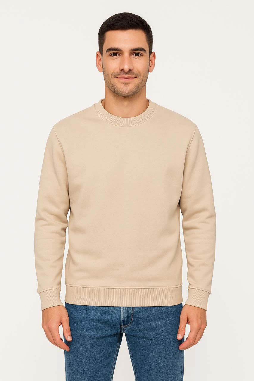 Erkek Üç İplik Pamuklu Düz Bisiklet Yaka SweatShirt - Bej