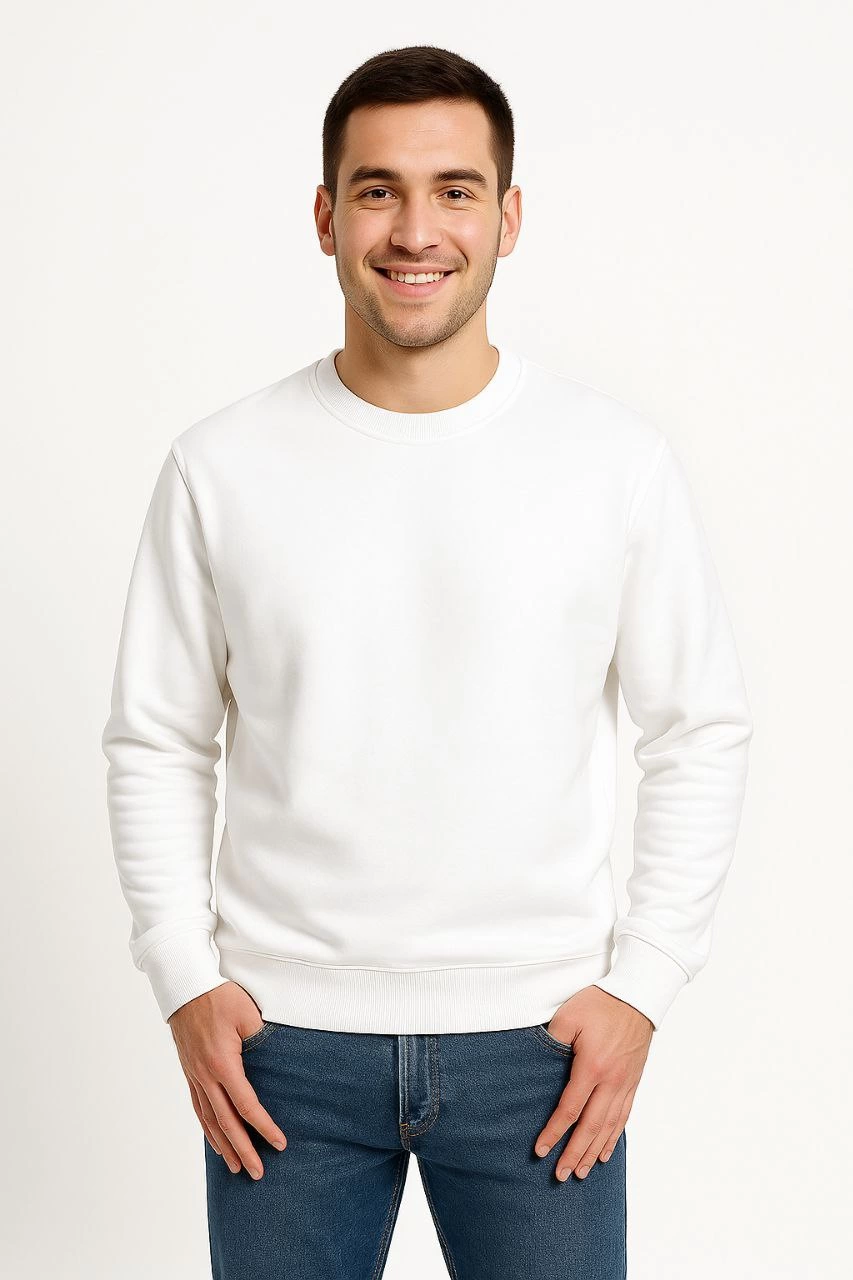 Erkek Üç İplik Pamuklu Düz Bisiklet Yaka SweatShirt - Beyaz