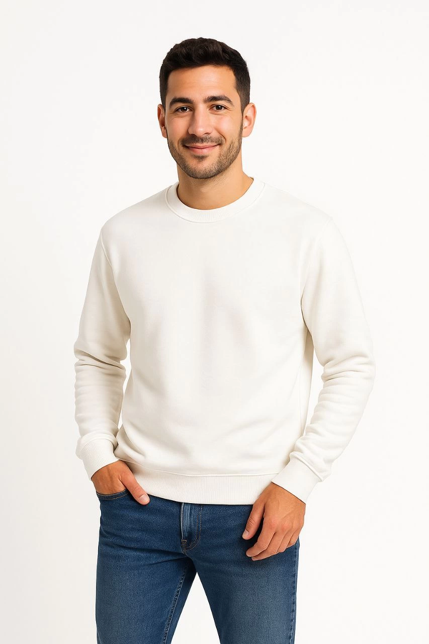 Erkek Üç İplik Pamuklu Düz Bisiklet Yaka SweatShirt - Beyaz