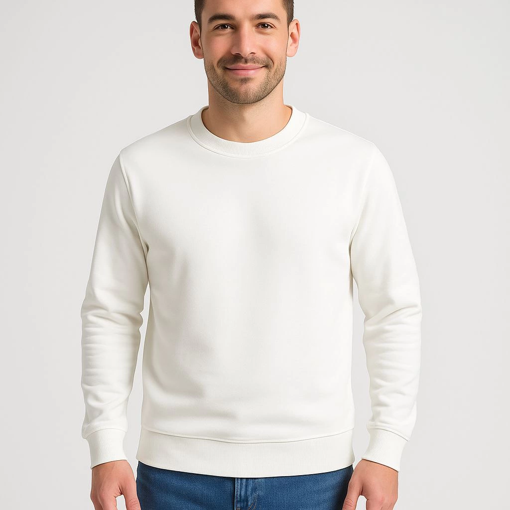 Erkek Üç İplik Pamuklu Düz Bisiklet Yaka SweatShirt - Beyaz