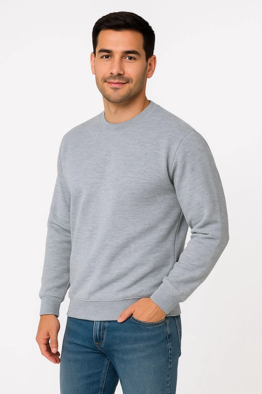 Erkek Üç İplik Pamuklu Düz Bisiklet Yaka SweatShirt - Gri