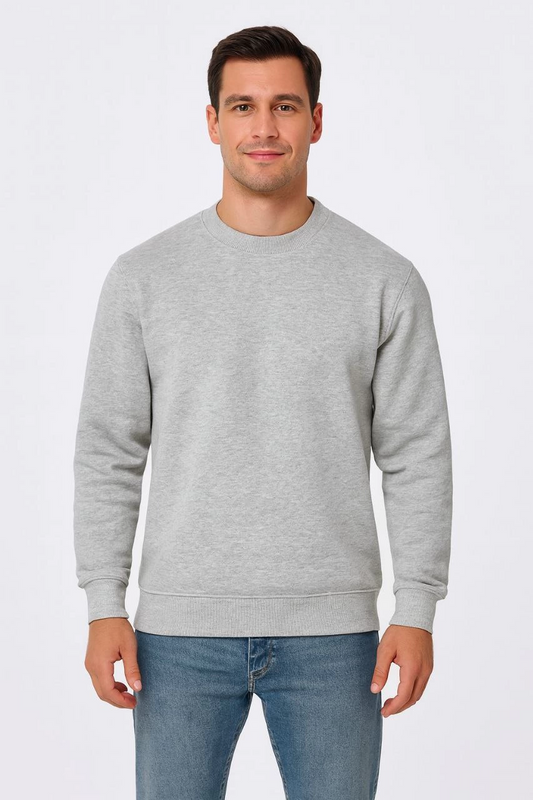 Erkek Üç İplik Pamuklu Düz Bisiklet Yaka SweatShirt - Gri