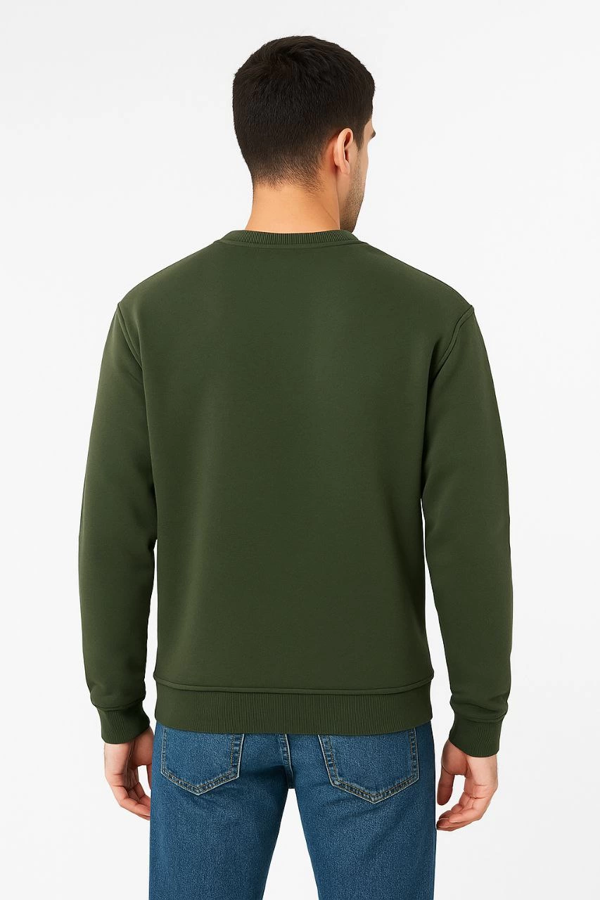 Erkek Üç İplik Pamuklu Düz Bisiklet Yaka SweatShirt - Haki