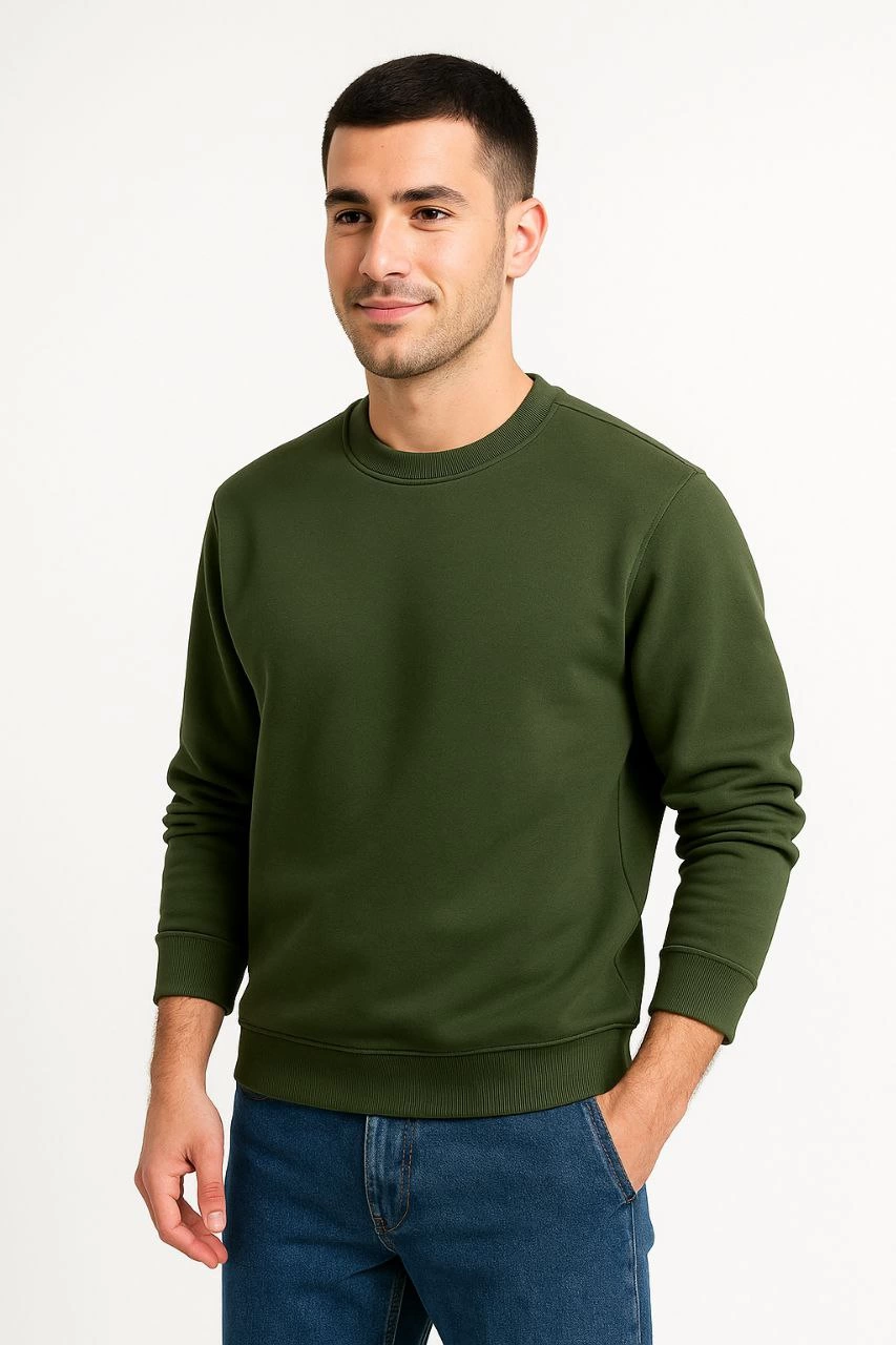 Erkek Üç İplik Pamuklu Düz Bisiklet Yaka SweatShirt - Haki