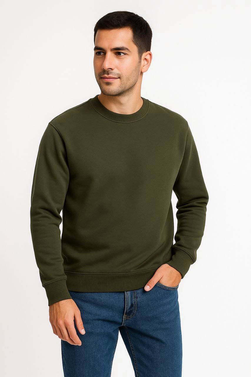 Erkek Üç İplik Pamuklu Düz Bisiklet Yaka SweatShirt - Haki