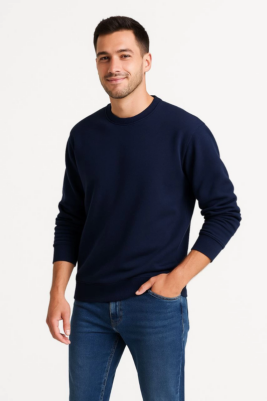 Erkek Üç İplik Pamuklu Düz Bisiklet Yaka SweatShirt - Lacivert