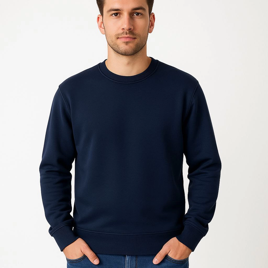 Erkek Üç İplik Pamuklu Düz Bisiklet Yaka SweatShirt - Lacivert