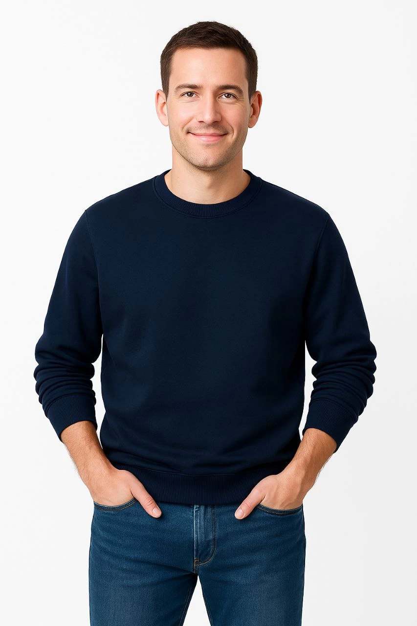 Erkek Üç İplik Pamuklu Düz Bisiklet Yaka SweatShirt - Lacivert