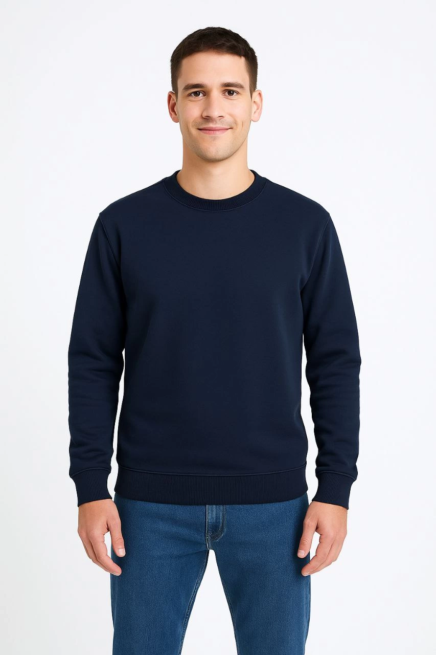 Erkek Üç İplik Pamuklu Düz Bisiklet Yaka SweatShirt - Lacivert