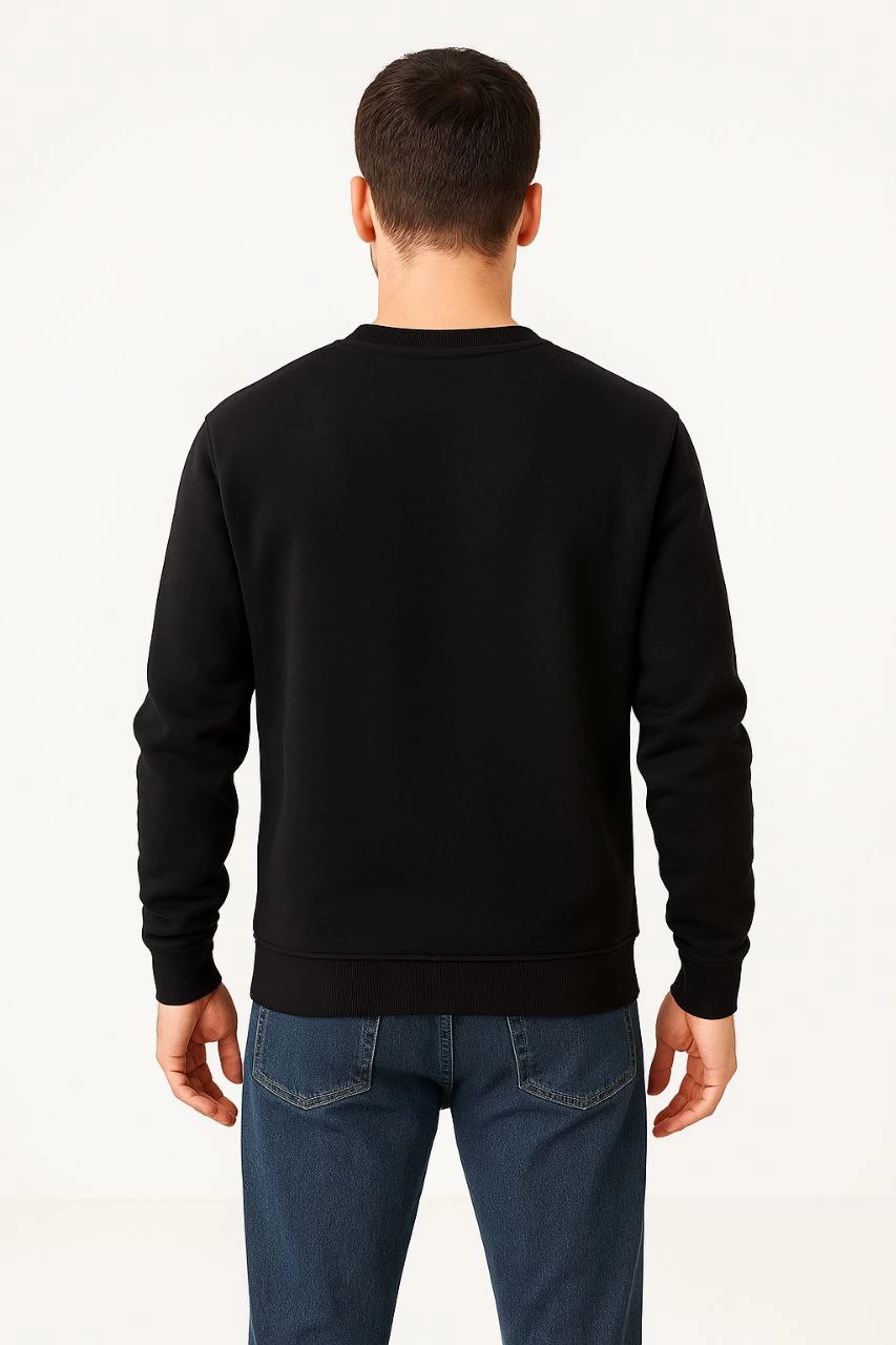 Erkek Üç İplik Pamuklu Düz Bisiklet Yaka SweatShirt - Siyah