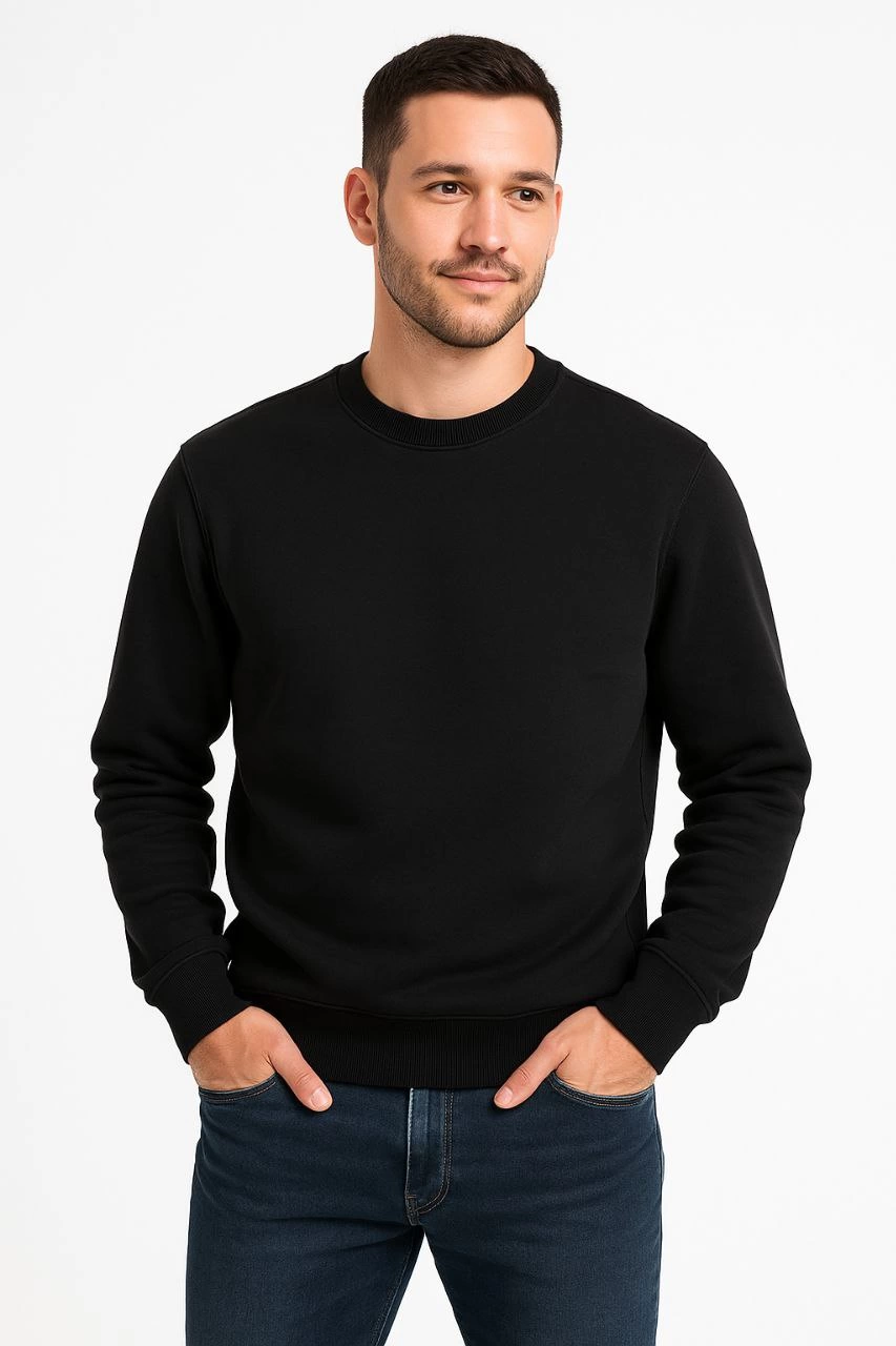 Erkek Üç İplik Pamuklu Düz Bisiklet Yaka SweatShirt - Siyah