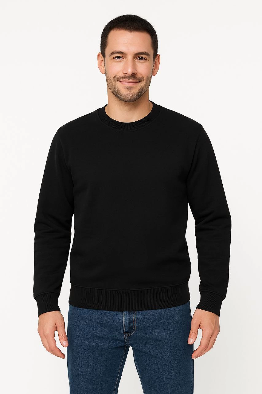 Erkek Üç İplik Pamuklu Düz Bisiklet Yaka SweatShirt - Siyah