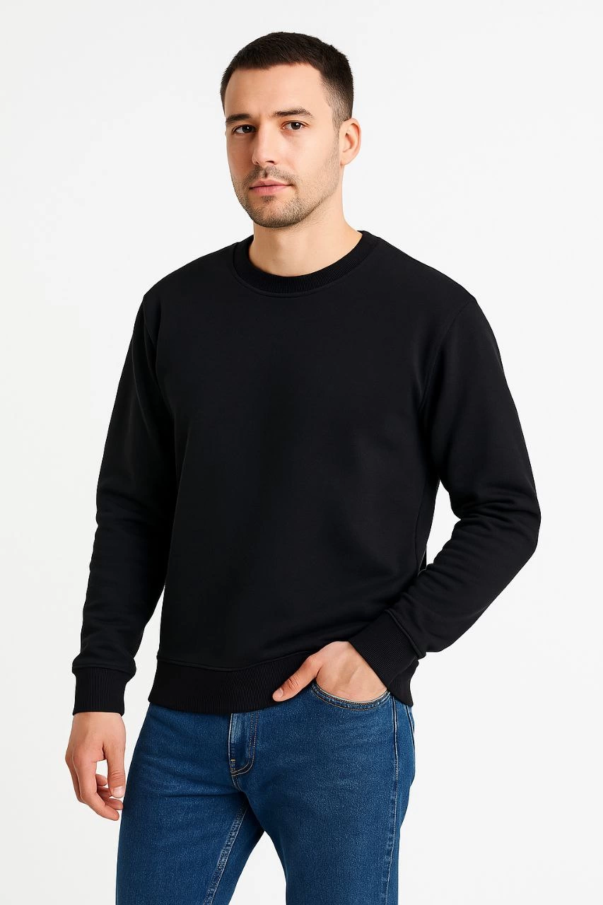 Erkek Üç İplik Pamuklu Düz Bisiklet Yaka SweatShirt - Siyah