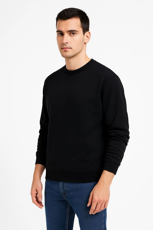 Erkek Üç İplik Pamuklu Düz Bisiklet Yaka SweatShirt - Siyah