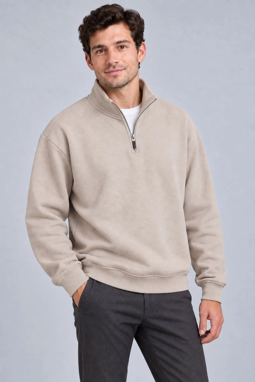 Erkek Üç İplik İçi Şardonlu Dik Yaka Yarım Fermuarlı Kışlık Sweatshirt - Bej