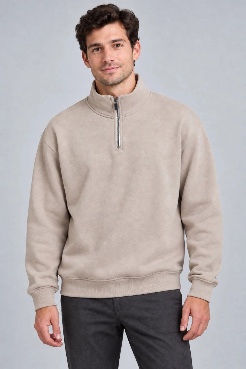Erkek Üç İplik İçi Şardonlu Dik Yaka Yarım Fermuarlı Kışlık Sweatshirt - Bej