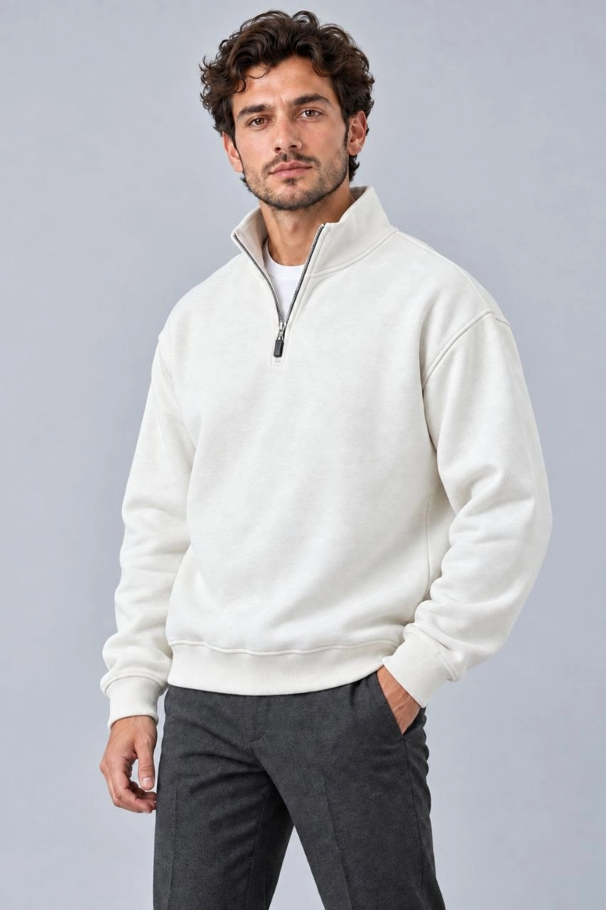 Erkek Üç İplik İçi Şardonlu Dik Yaka Yarım Fermuarlı Kışlık Sweatshirt - Beyaz