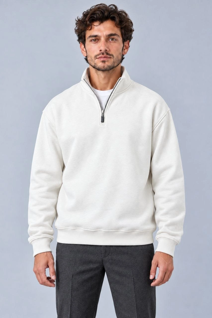 Erkek Üç İplik İçi Şardonlu Dik Yaka Yarım Fermuarlı Kışlık Sweatshirt - Beyaz