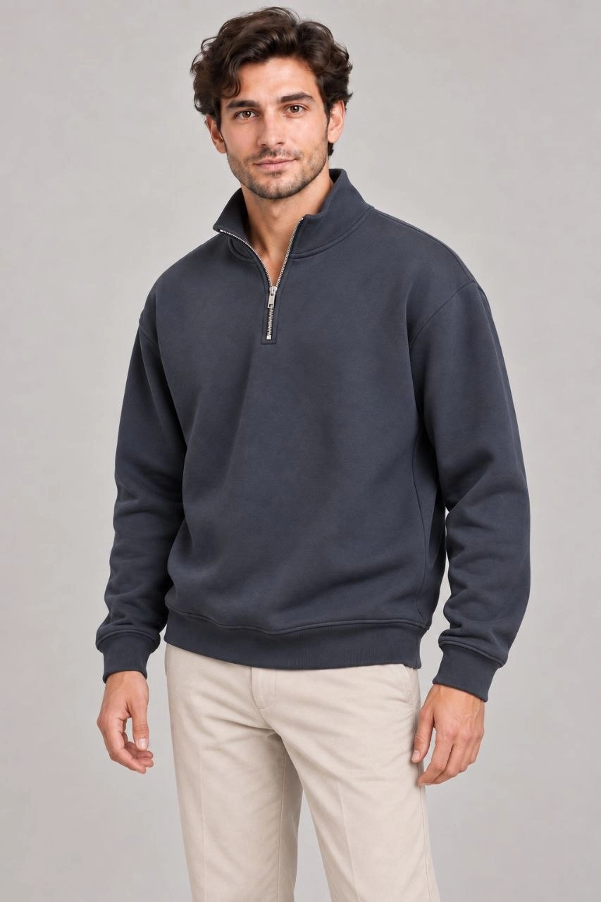 Erkek Üç İplik İçi Şardonlu Dik Yaka Yarım Fermuarlı Kışlık Sweatshirt - Füme