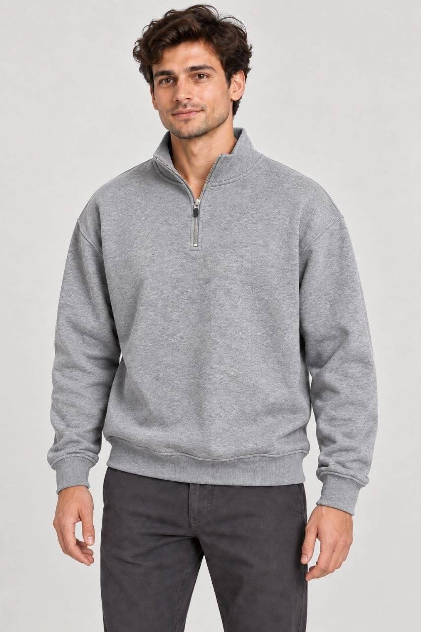 Erkek Üç İplik İçi Şardonlu Dik Yaka Yarım Fermuarlı Kışlık Sweatshirt - Grİ