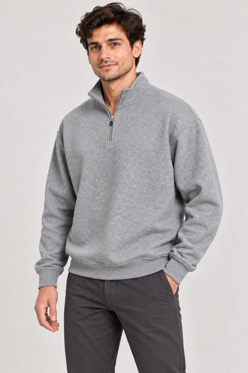 Erkek Üç İplik İçi Şardonlu Dik Yaka Yarım Fermuarlı Kışlık Sweatshirt - Grİ