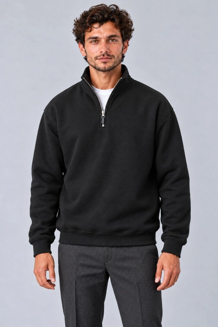 Erkek Üç İplik İçi Şardonlu Dik Yaka Yarım Fermuarlı Kışlık Sweatshirt - Siyah