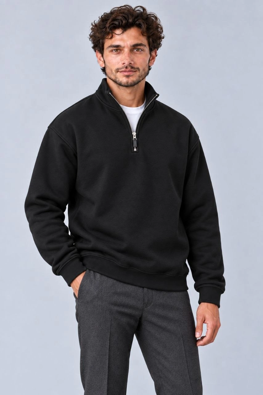 Erkek Üç İplik İçi Şardonlu Dik Yaka Yarım Fermuarlı Kışlık Sweatshirt - Siyah