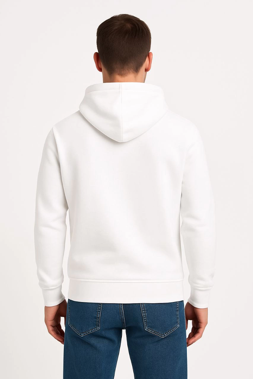 Erkek Üç İplik Pamuklu Kapüşonlu Kanguru Cepli SweatShirt hoodie - Beyaz
