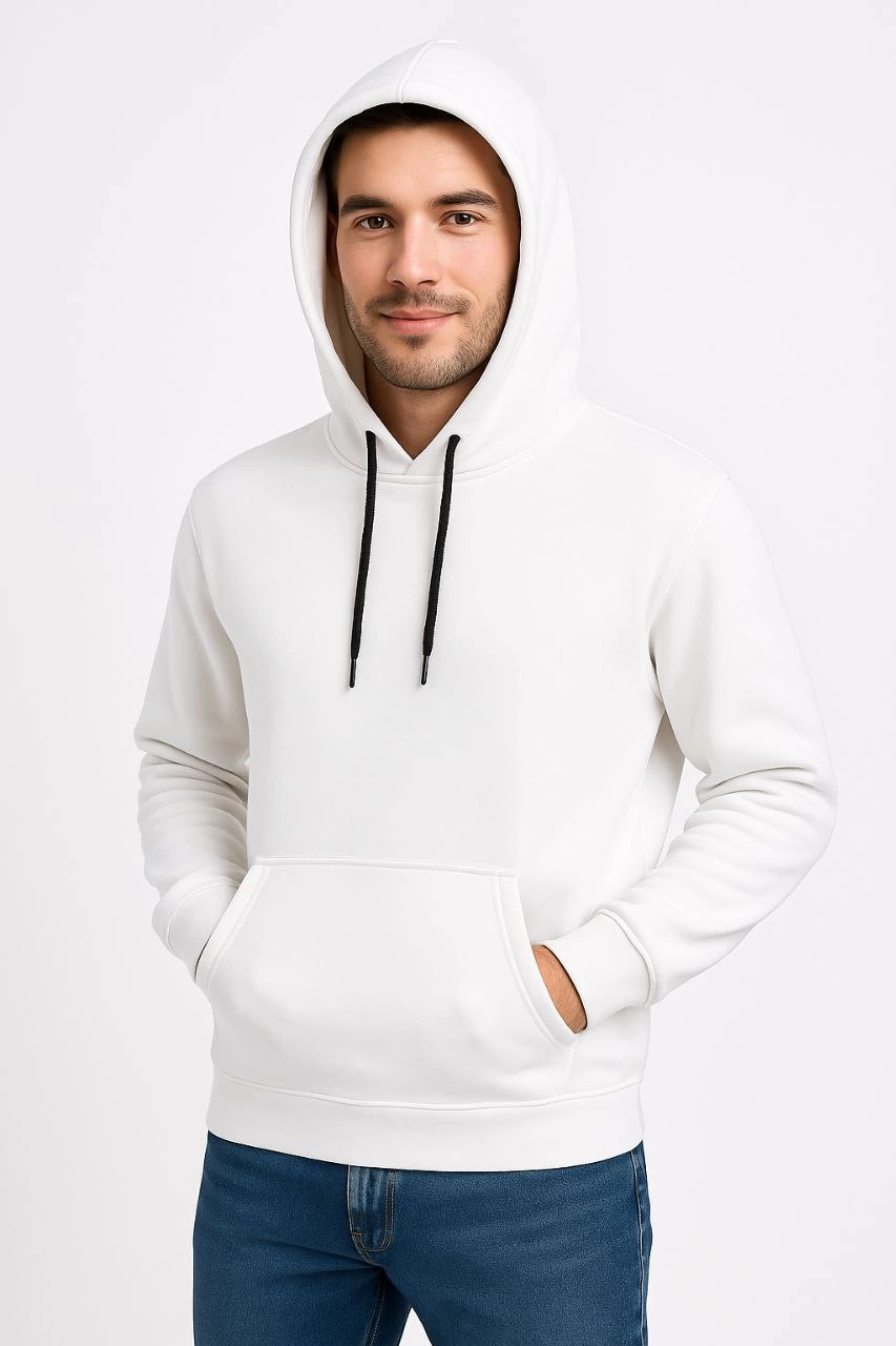 Erkek Üç İplik Pamuklu Kapüşonlu Kanguru Cepli SweatShirt hoodie - Beyaz