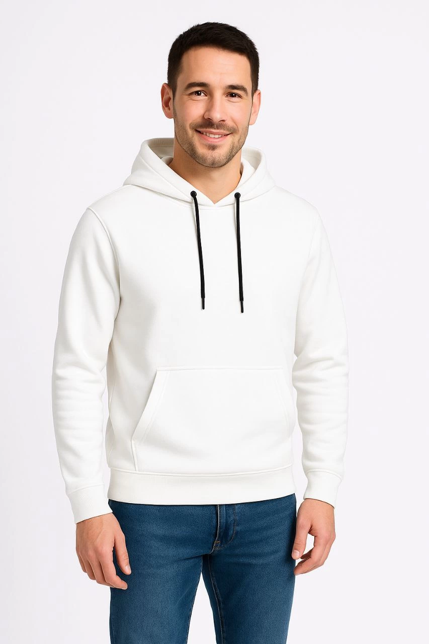Erkek Üç İplik Pamuklu Kapüşonlu Kanguru Cepli SweatShirt hoodie - Beyaz