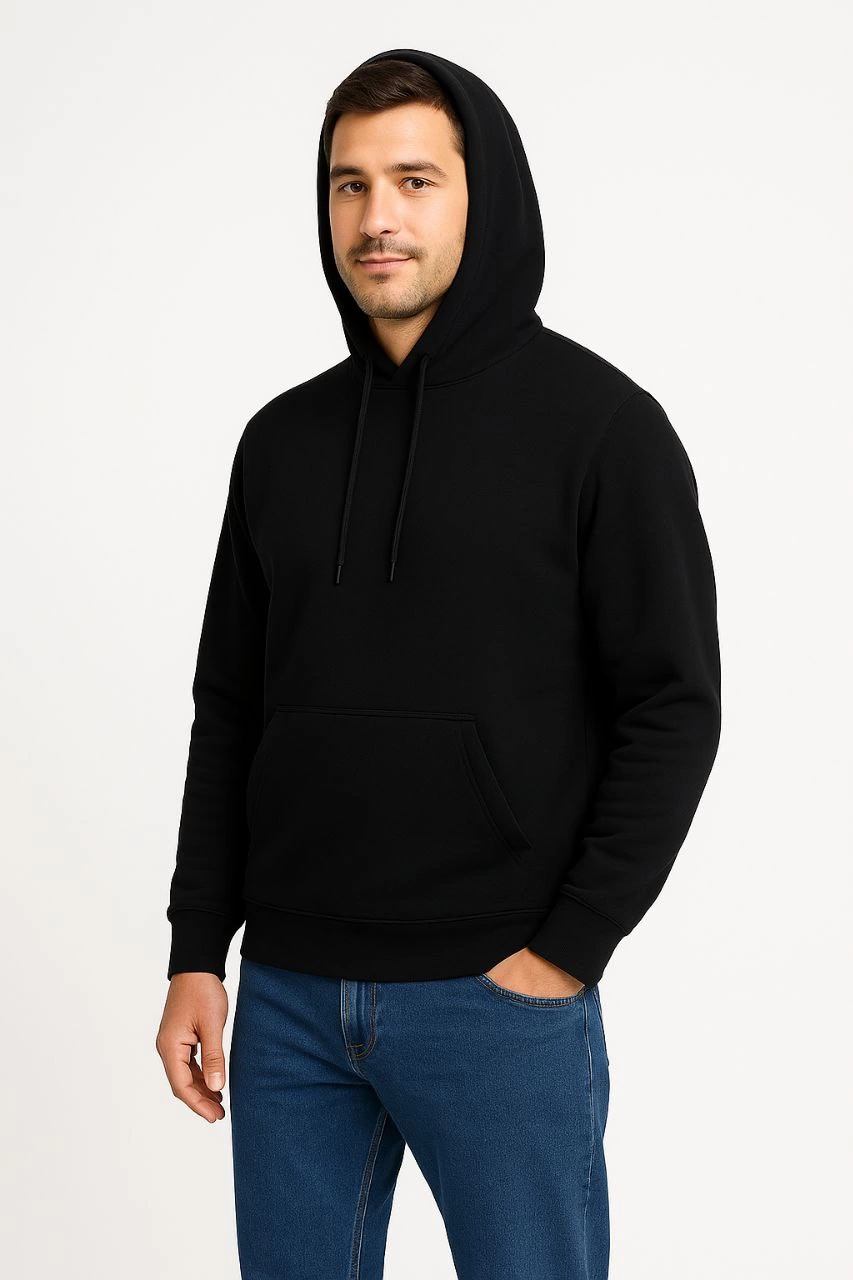 Erkek Üç İplik Pamuklu Kapüşonlu Kanguru Cepli SweatShirt hoodie - Siyah
