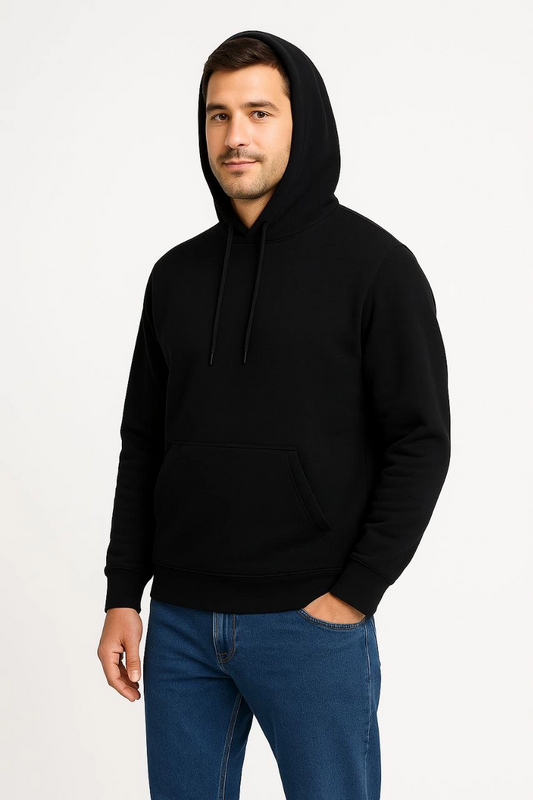 Erkek Üç İplik Pamuklu Kapüşonlu Kanguru Cepli SweatShirt hoodie - Siyah