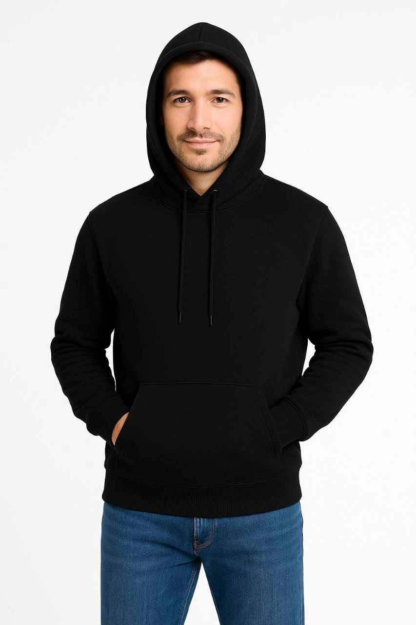 Erkek Üç İplik Pamuklu Kapüşonlu Kanguru Cepli SweatShirt hoodie - Siyah